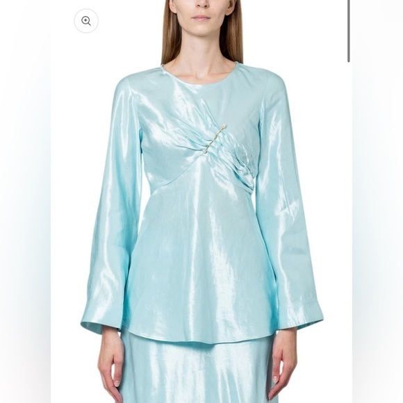 Aje Moonglade Pierced Fit and Flare Ruched Blouse in Spearmint Blue Size 8 - Picture 6 of 16